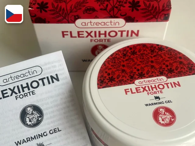 Flexihotin Forte — kelímek hřejivého gelu a krabička, fotografie výrobce